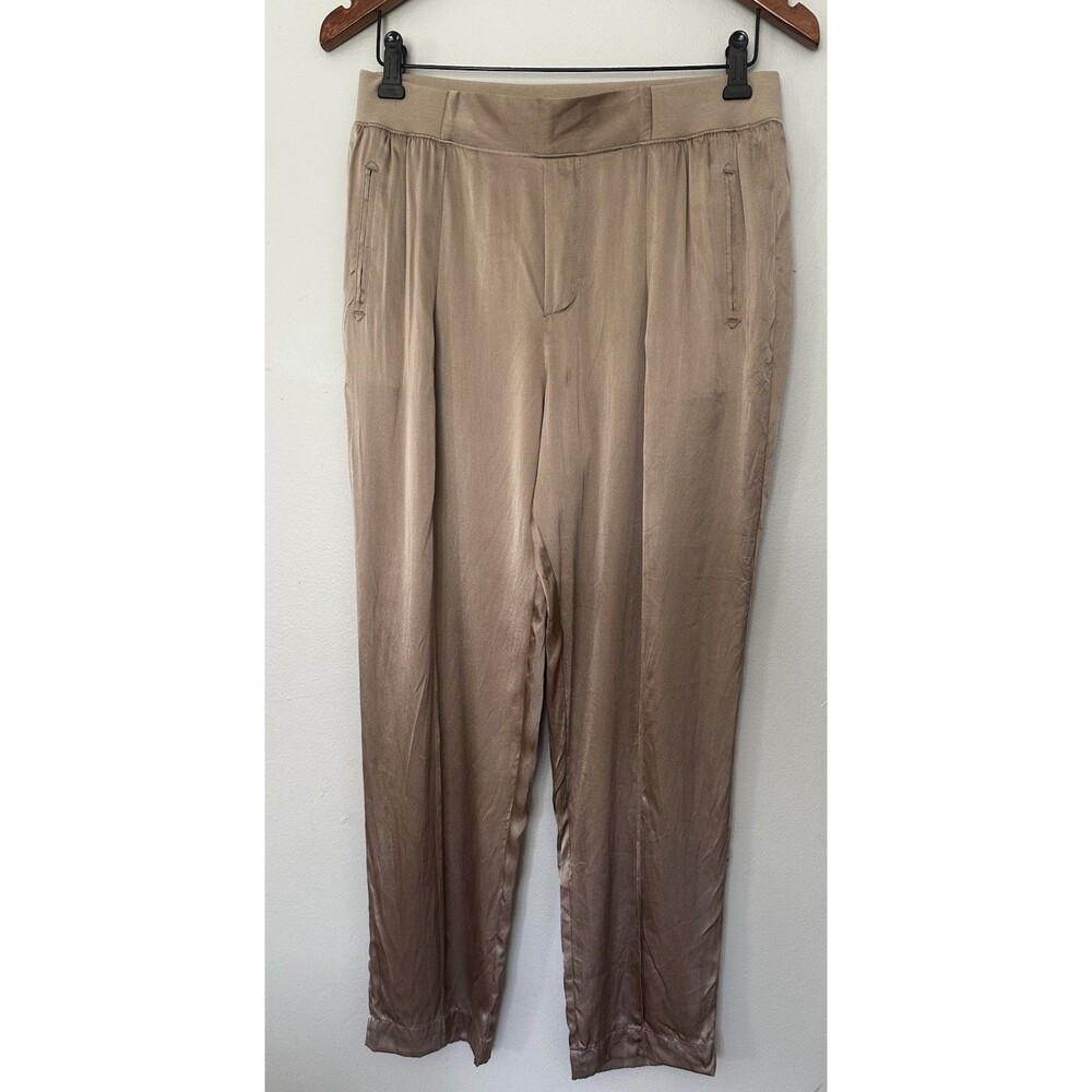 ATM Women's Beige Silk Pleated Ankle Pants Lightweight Tapered Casual - Picture 2 of 5